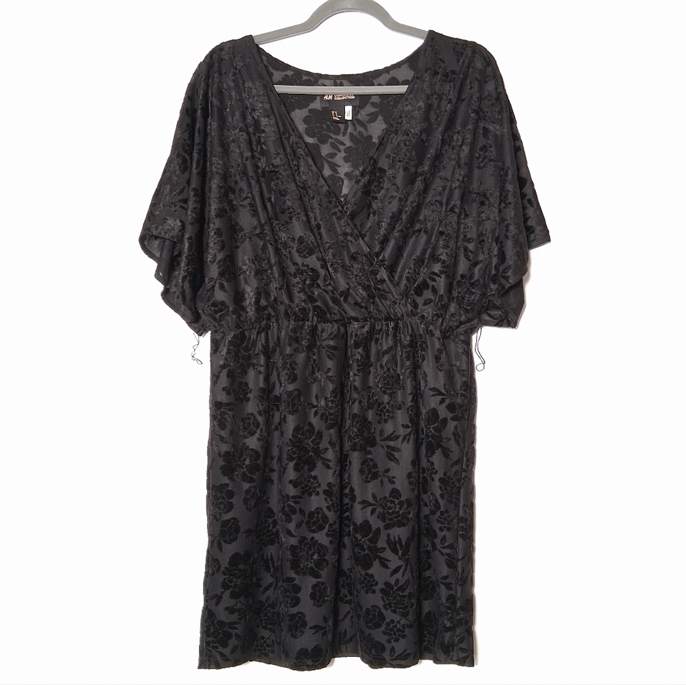 H&M Dress Concious Collection Black Velvet Floral Pattern Women's Size 14